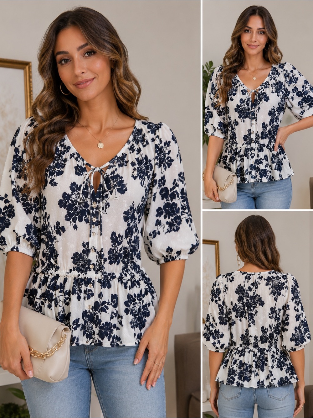Orig 85 - Adrienne Vittadini Navy Floral Peplum Tie-Front Blouse